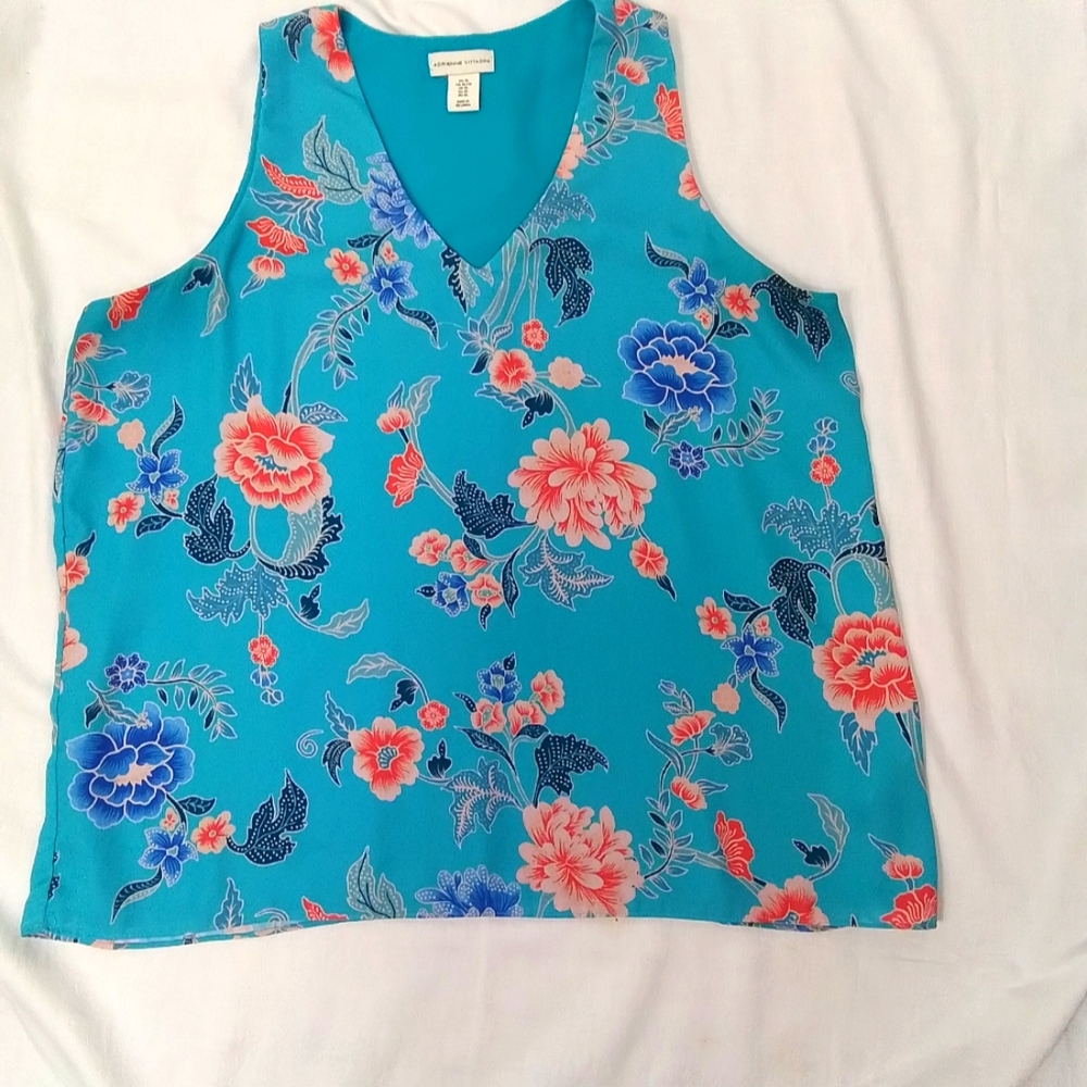 Adrienne Vittadini Turquoise Floral V‑Neck Tank